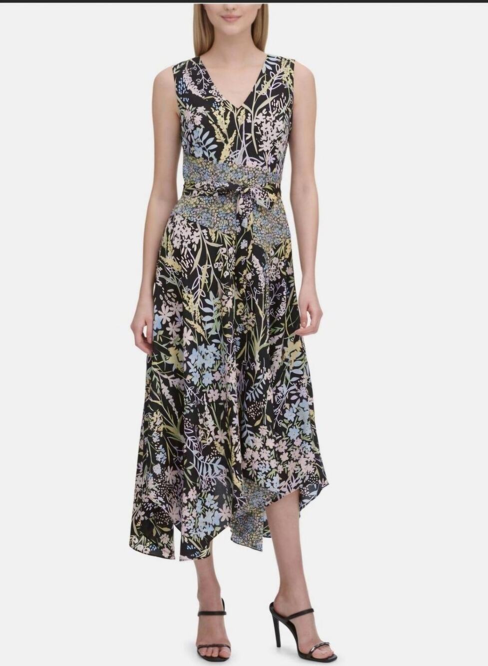 Calvin Klein Asymmetrical Floral Sleeveless Midi Dress Sz 16